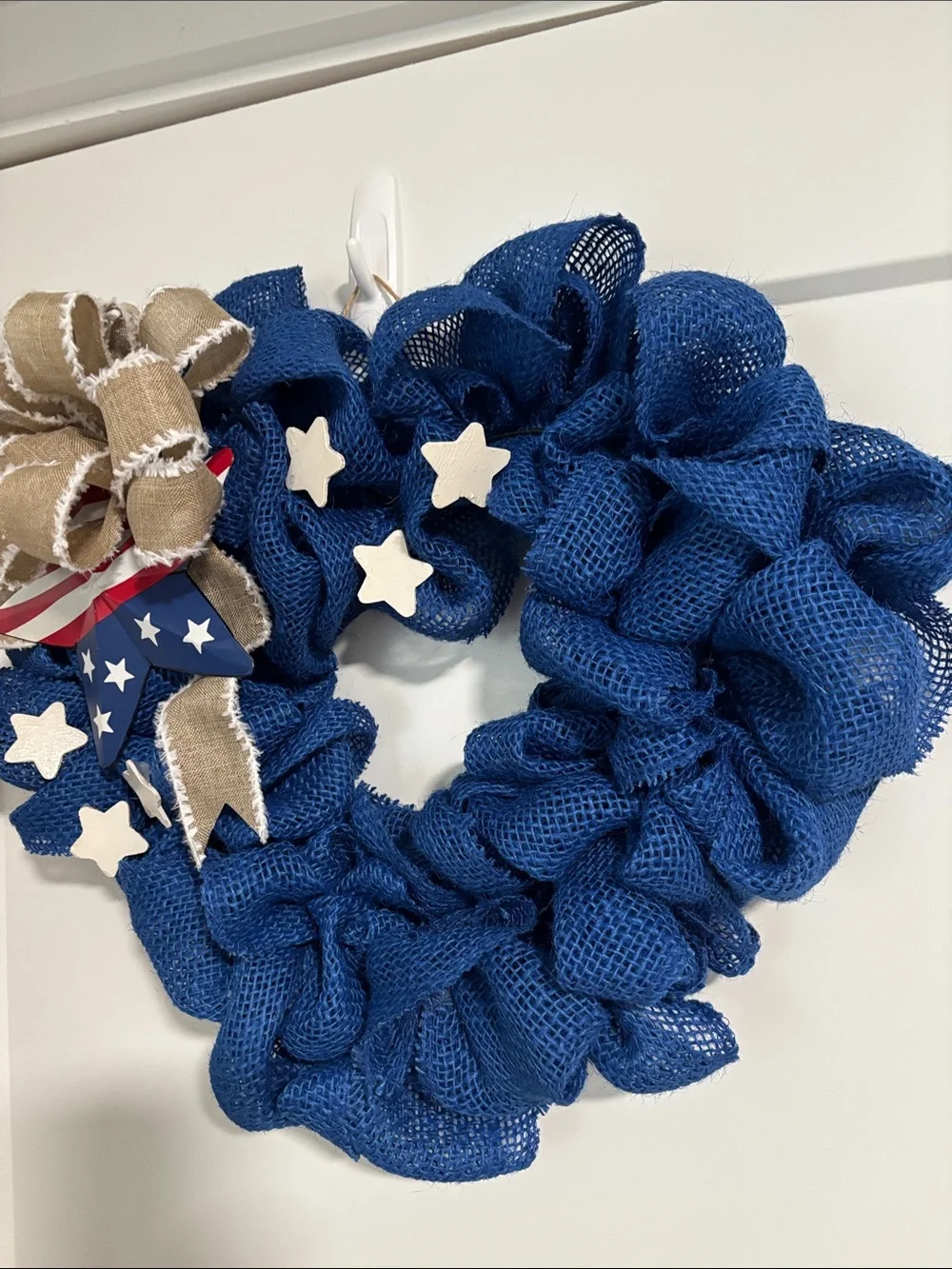 Hand Crafted Blue Burlap Patriotic Wreath with Tan Bow and White Stars